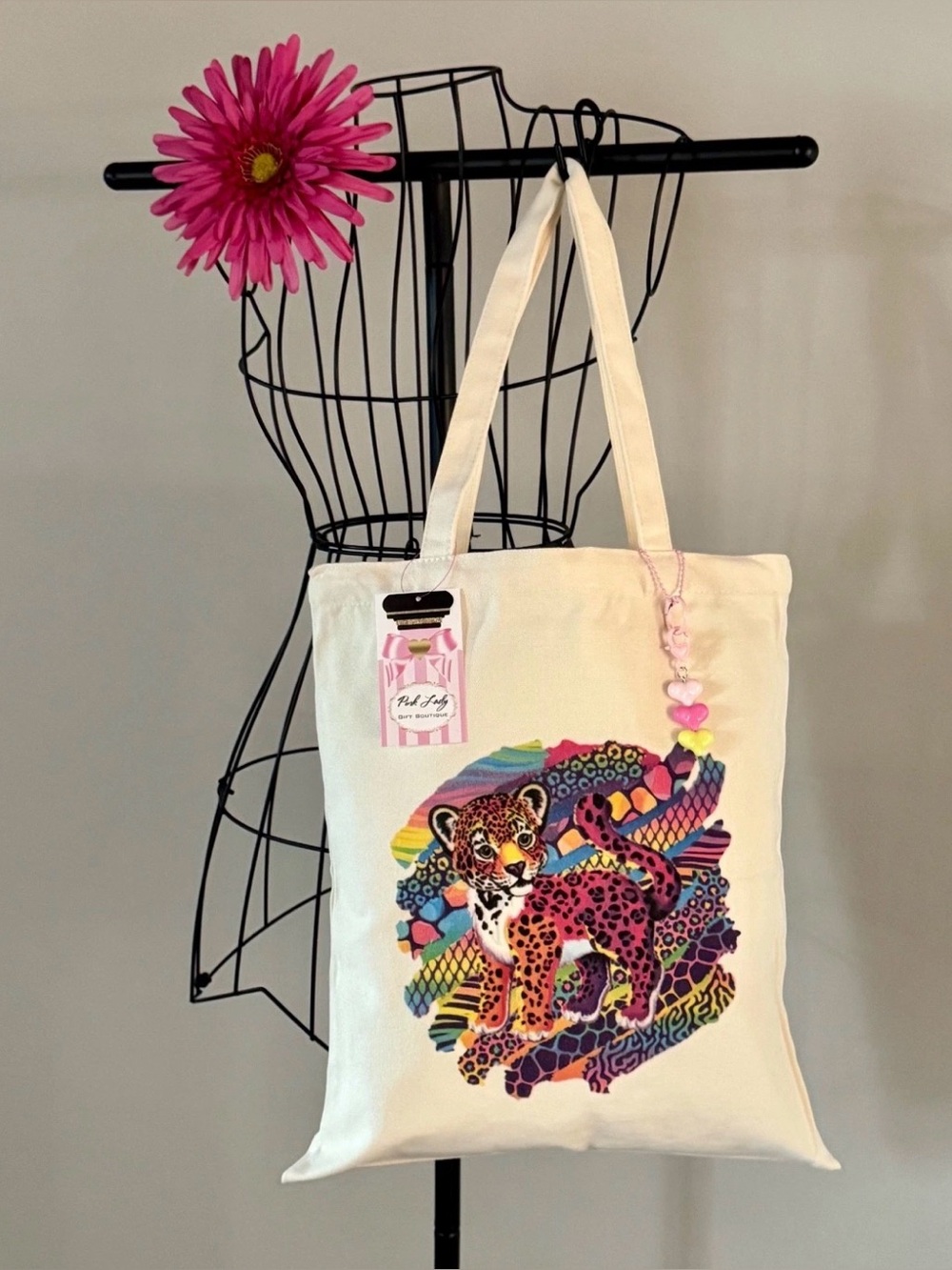New Retro 80s 90s Style Colorful Leopard Shopping Tote Bag w/ Heart Charm - 15" - Picture 7 of 9